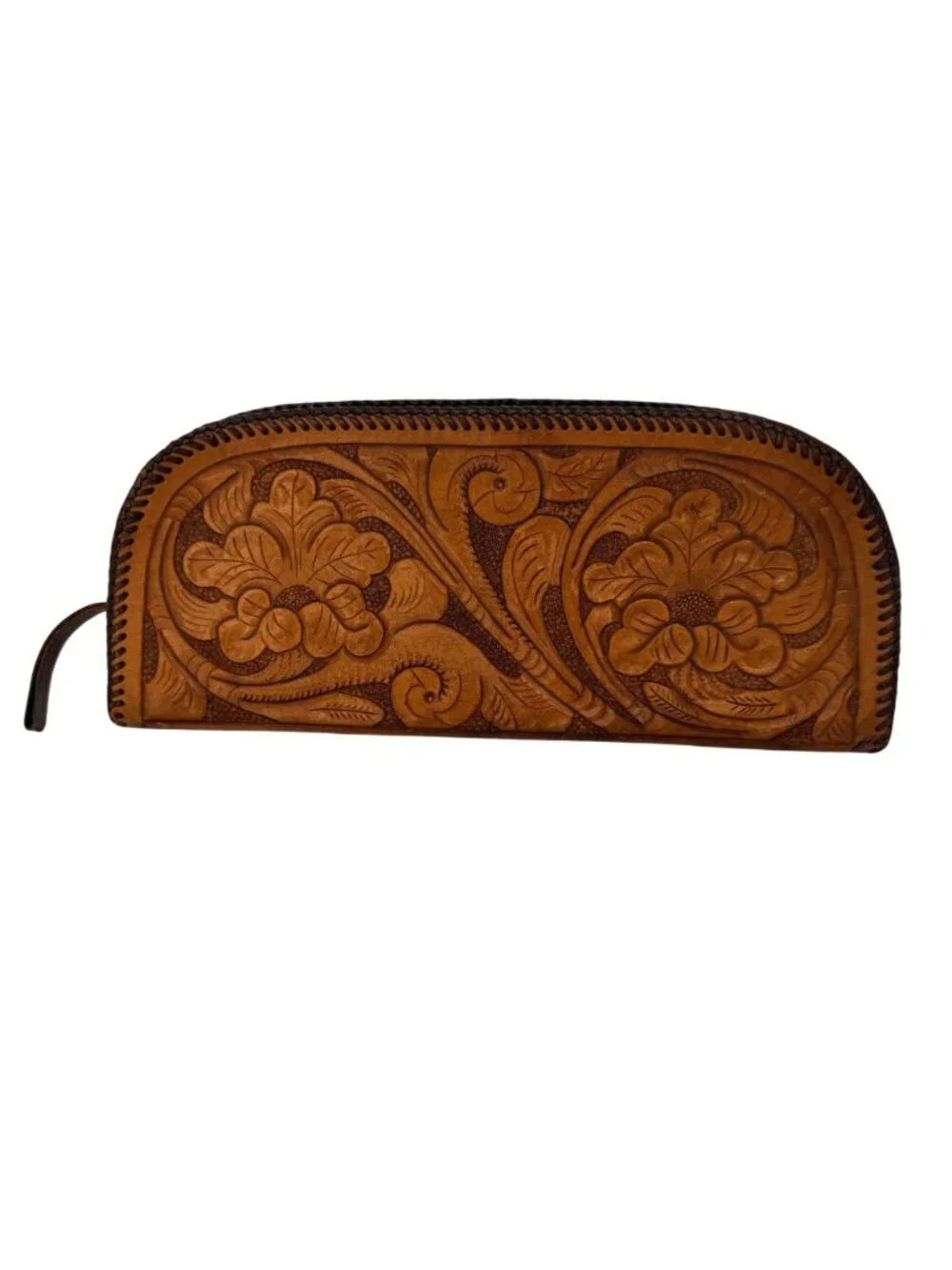 Vintage Tooled Leather Clutch Floral Brown Zipper Pouch 12 Inch Boho Western 197 - Picture 8 of 10
